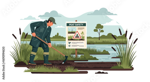 Illustration of peatland conservation efforts with worker and safety signage awareness illustration