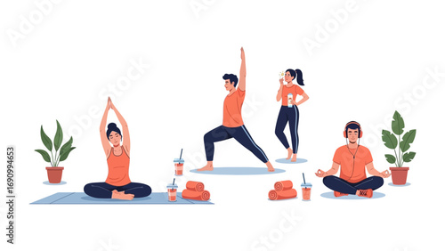 Diverse group of people practicing yoga and meditation indoors with plants and water bottles promoting wellness and healthy lifestyle