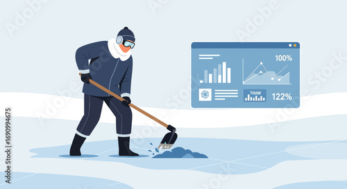 Winter Data Analysis: Man Investigating Thawing Ice with Visualized Performance Metrics