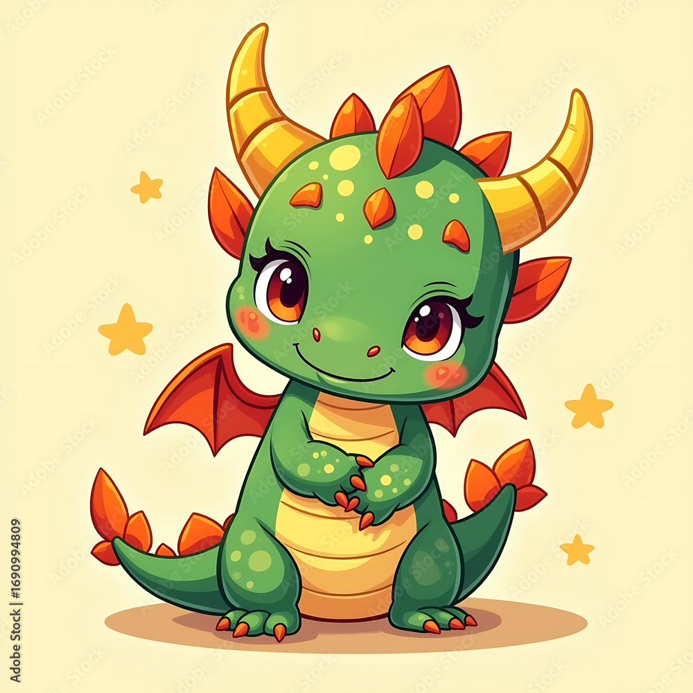 Fototapeta premium Cute Cartoon Dragon with Wings and Horns 