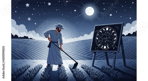 Illustrative depiction of a farmer tilling the land under a starry night following zodiac signs