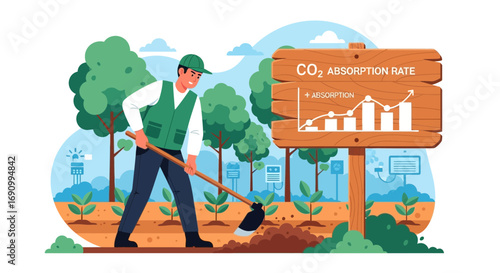 Illustration of a Farmer Planting Seedlings to Enhance Carbon Dioxide Absorption Rate