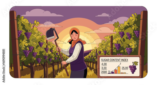Cartoon illustration of a woman farmer in a vineyard during sunset with sugar analysis