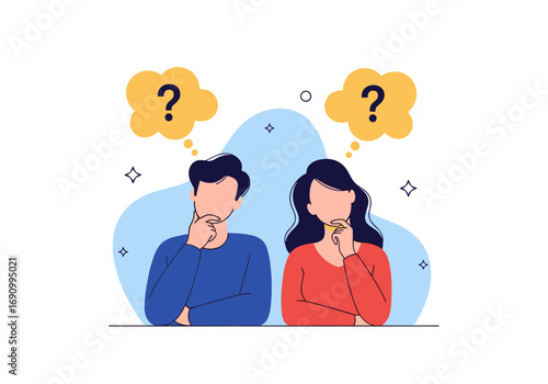 Two individuals deep in thought with question marks above their heads symbolizing confusion and uncertainty