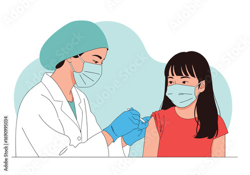 Healthcare professional administering vaccination to a young person wearing a protective mask for disease prevention in a clinical setting