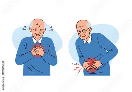Elderly man experiencing chest pain and abdominal discomfort showing symptoms of health issues and medical conditions requiring attention