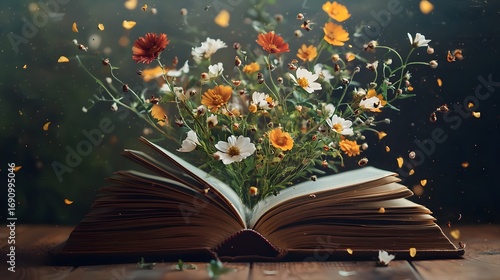 An open book blooms with a vibrant array of flowers, each page a portal to a world of colorful imagination and life's beautiful stories. A fusion of knowledge and natural beauty.