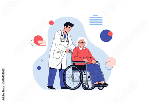 Compassionate healthcare professional assisting an elderly patient in a wheelchair with care and support