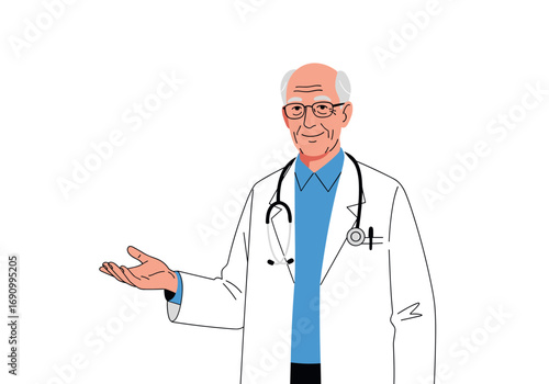 A kind experienced doctor wearing a stethoscope and lab coat offers assistance and guidance