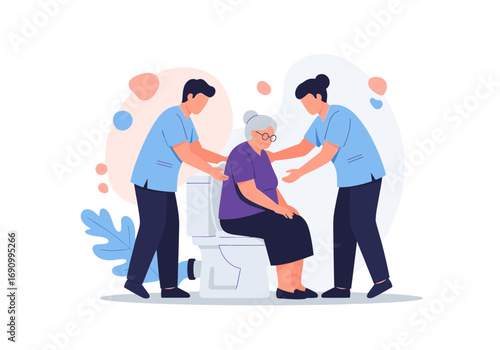 Caregivers assist elderly woman sitting on toilet with gentle support