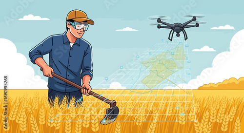 Modern agriculture farmer utilizing drone technology for precision farming and crop monitoring