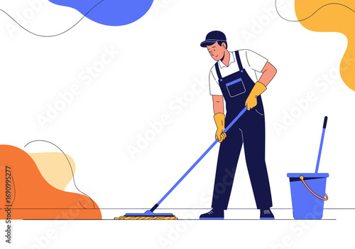Professional cleaner diligently mopping the floor in a bright clean environment with abstract shapes in background