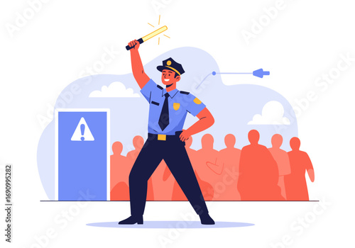 Heroic police officer leads crowd with illuminated baton and authority symbolism