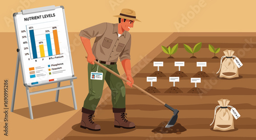 Illustration depicting agricultural research with a farmer analyzing nutrient levels in crops
