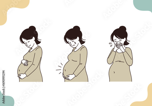 Illustrations depicting different stages of pregnancy emotions and physical changes experienced by a woman