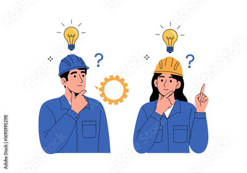 Two construction workers thinking about new project ideas with lightbulbs above their heads and question marks symbolizing their thought process