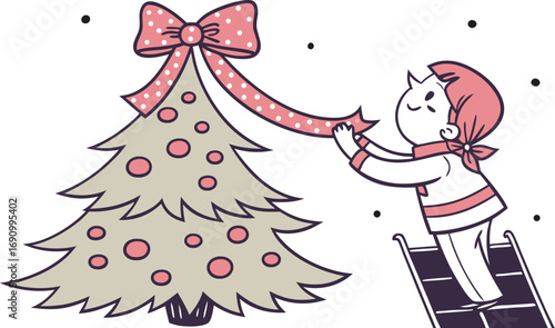 Child happily decorating a christmas tree with festive ribbon and ornaments preparing for holiday celebrations winter season joy