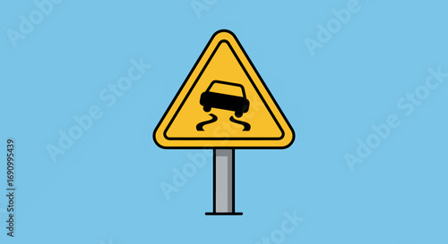 Yellow triangular road sign warning of slippery conditions ahead.