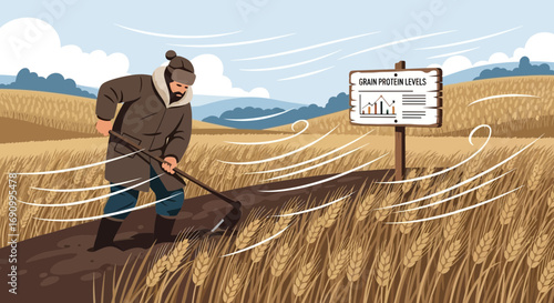 Illustration depicting a farmer working in a wheat field with protein level sign