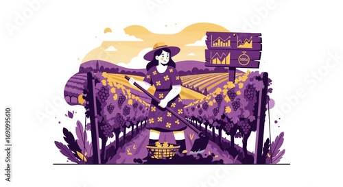 Vineyard management illustration showcasing a farmer and grape cultivation with a modern design