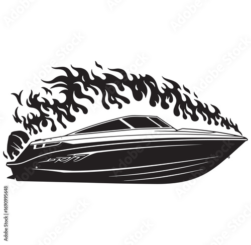 Vector illustration of a fast power boat with flames and motion effect in monochrome style
