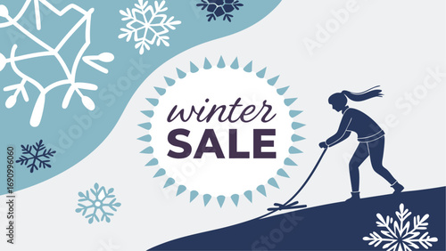 Winter sale graphic featuring a silhouette of a skier with snowflakes and a bold sale announcement graphic suitable for advertising seasons