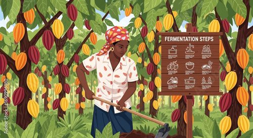 Illustration depicting a woman working in a cocoa farm, highlighting the fermentation process