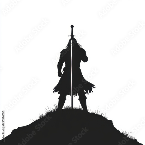 Silhouette of the Victorious Knight: A dramatic silhouette of a victorious knight, sword in hand, atop a rugged hill, embodying power, valor, and triumph.