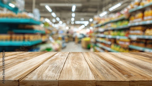 Fototapeta Naklejka Na Ścianę i Meble -  Wooden table in a blurred supermarket aisle