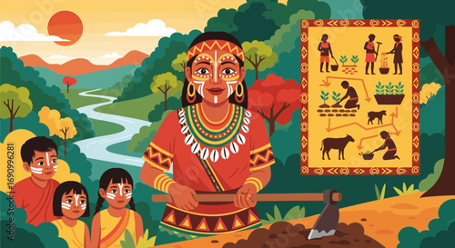 Indigenous farming practices depicted with family and traditional farming methods art