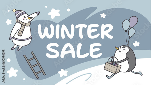 Cute winter animals celebrate a frosty winter sale event with festive decorations and snowflakes promoting seasonal discounts