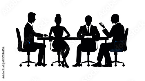 Business people having meeting or conference. Coworkers sitting at the table silhouette vector illustration .
Black stick figures are having an ellipsis discussion while seated at a rectangular table