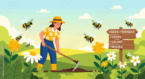 Illustration depicting a woman gardening surrounded by bees in a bee-friendly environment