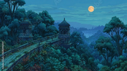 Fototapeta Naklejka Na Ścianę i Meble -  Ancient ruins overlooking misty jungle at night