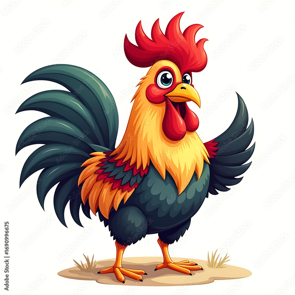 Fototapeta premium Cartoon Rooster with Red and Yellow Feathers 