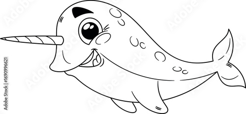 Narwhal marine character black-and-white vector illustration