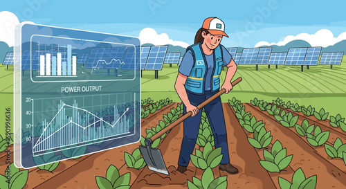 Sustainable farming integrates solar energy with crop cultivation and data analysis for efficiency