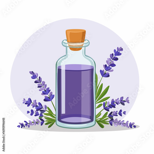 Eine kleine Glasflasche mit Lavendelöl