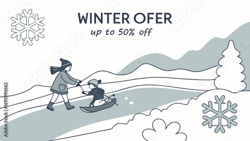 Winter offer up to 50% off snowflakes snowman sledding children enjoying winter activities snowy landscape seasonal sale promotion