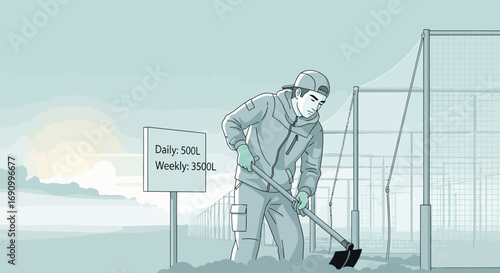 Illustration of a man hoeing the ground near a sign indicating water usage limits in agriculture