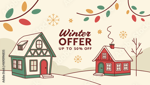 Cozy winter offer sale announcement featuring charming snow-covered houses and festive decorations ideal for seasonal promotions