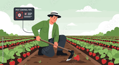 Illustration depicting a farmer working in a strawberry field with pest control measures