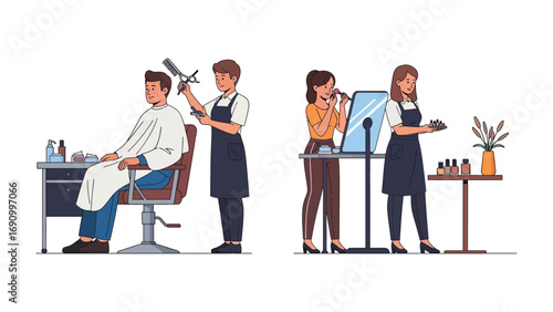 Salon and Makeup in Action: Witness the vibrant scene within a beauty salon, featuring a barber meticulously cutting a client's hair while makeup artists work on a model.