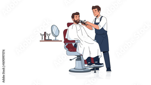 Barbershop Harmony: A detailed, digitally rendered image showcases a barber meticulously grooming a customer's beard in a classic barbershop setting.