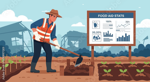Illustrative Depiction of a Farmer Working the Land with Food Aid Statistics Displayed on a Sign