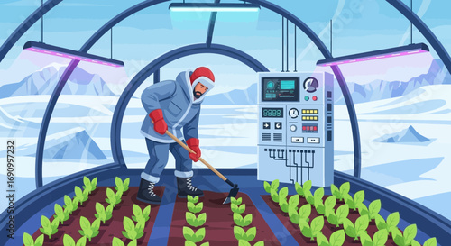 Futuristic Arctic Greenhouse: A Solitary Farmer Cultivating Crops in a Controlled Environment