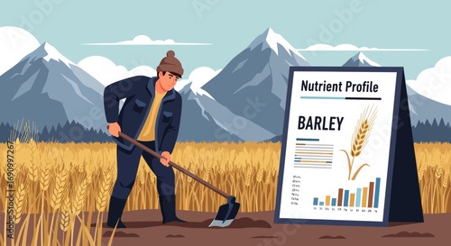 Illustration of a farmer plowing the land near a field of barley with nutrition information