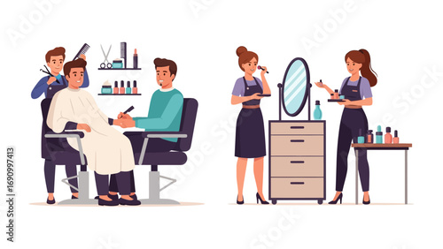 Beauty Parlor Scene: In a vibrant illustration, two men receive professional grooming services, while two women engage in a cosmetic application, with a mirror and accessories, within a beauty salon.