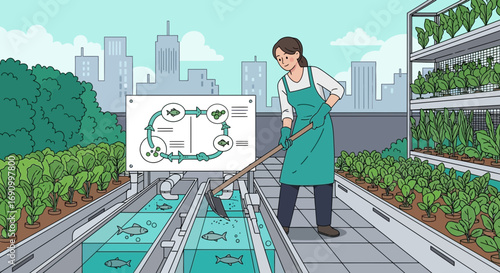 Illustration of aquaponics system combining aquaculture with hydroponics in urban setting