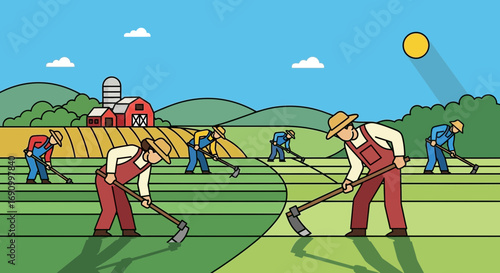 Illustration showcasing traditional farming with farmers cultivating land using hoes and a rural